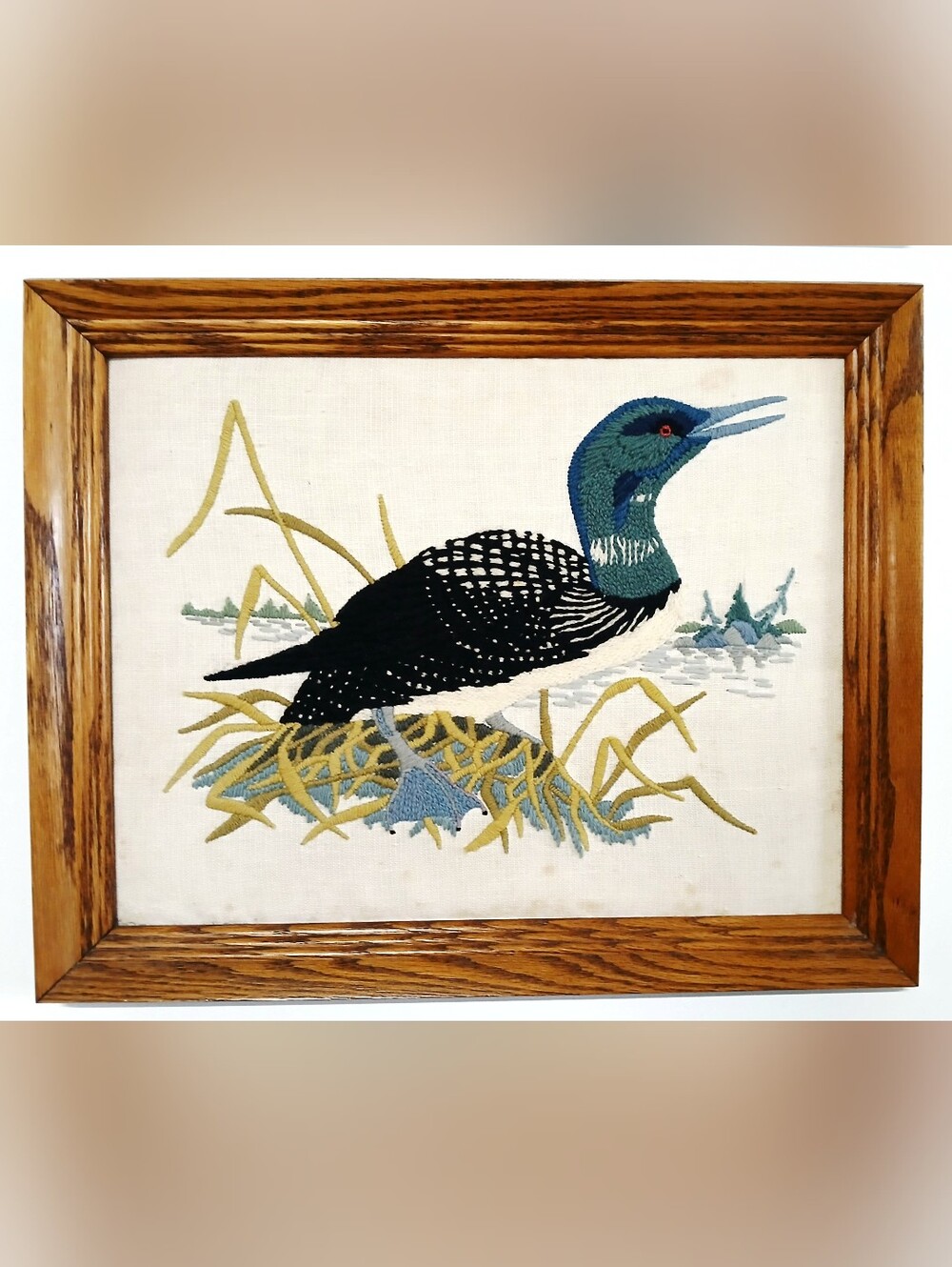 Vintage Handcrafted Loon Framed Embroidery Wall Art - Black & Blue